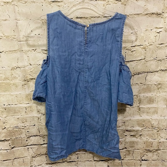 Lauren Conrad Blue Chambray Tencel Ruffle Cold Shoulder Top - Picture 3 of 5
